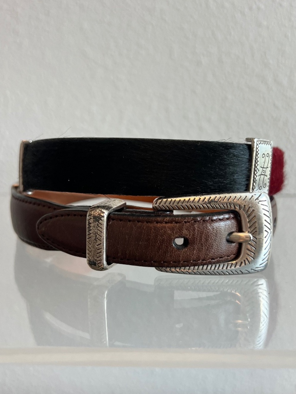 Brighton Vintage Multi Color Pony Hair Leather Concho Belt Western Boho Chic